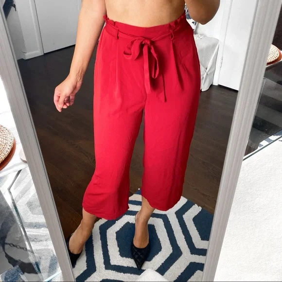🌹 PRIMARK DARK RED CAPRI HIGH WAIST BELTED PANTS! - Picture 4 of 8
